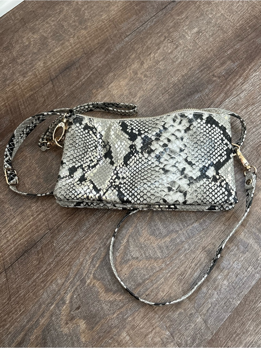 Python-Print Crossbody Wristlet in Black and Cream